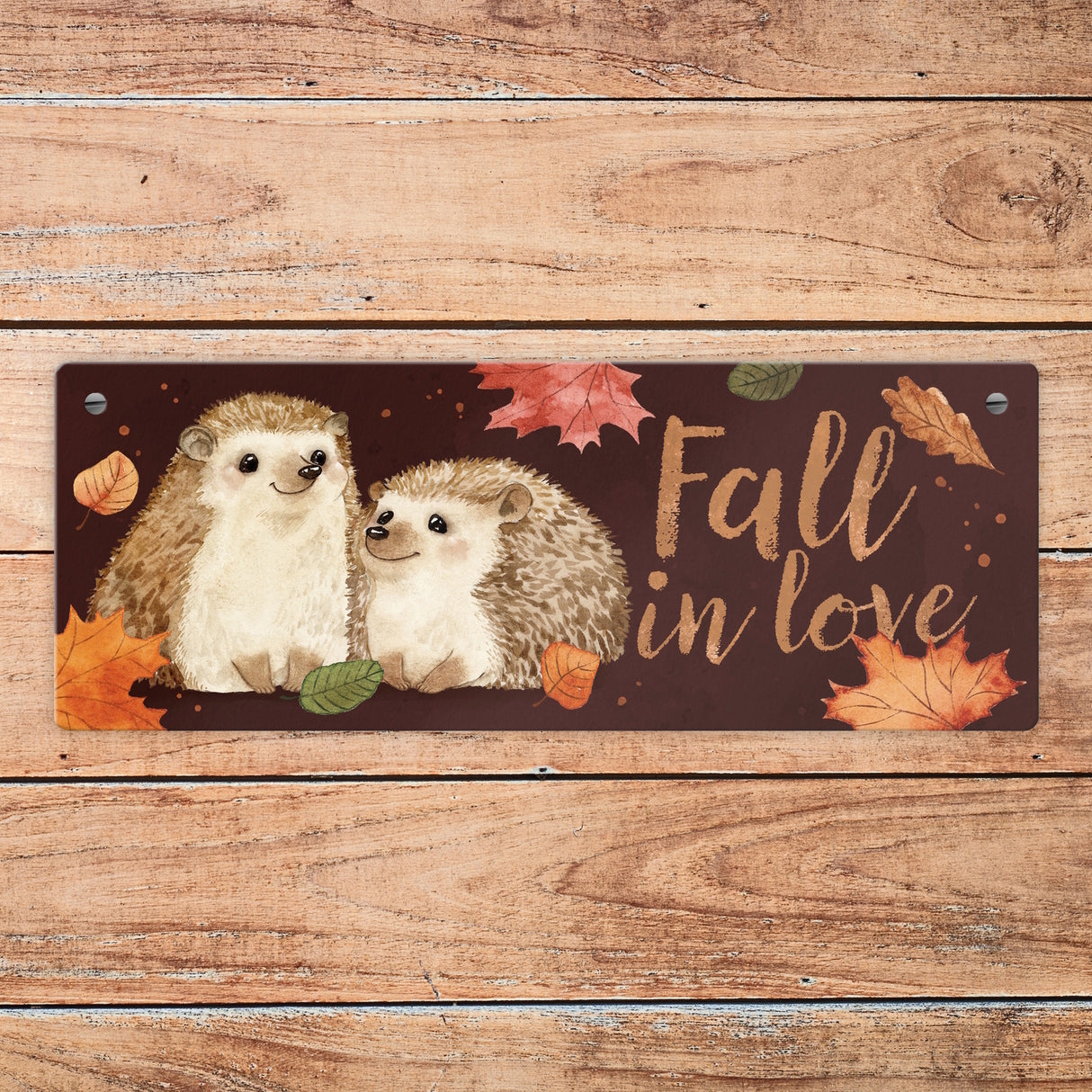 Igel im Herbst Metallschild mit Spruch Fall in love