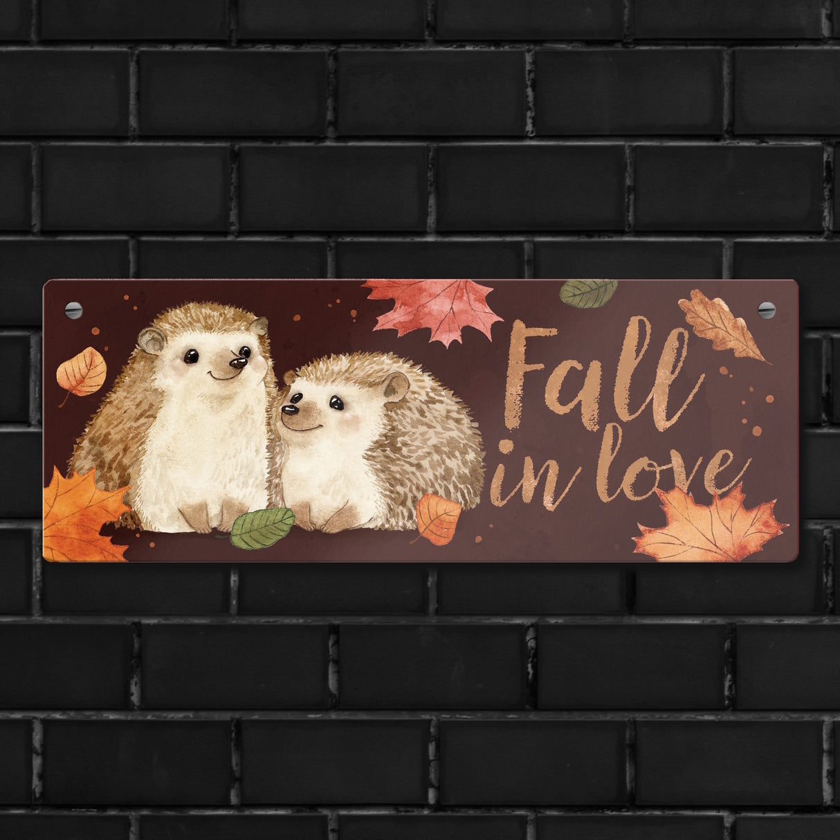 Igel im Herbst Metallschild mit Spruch Fall in love