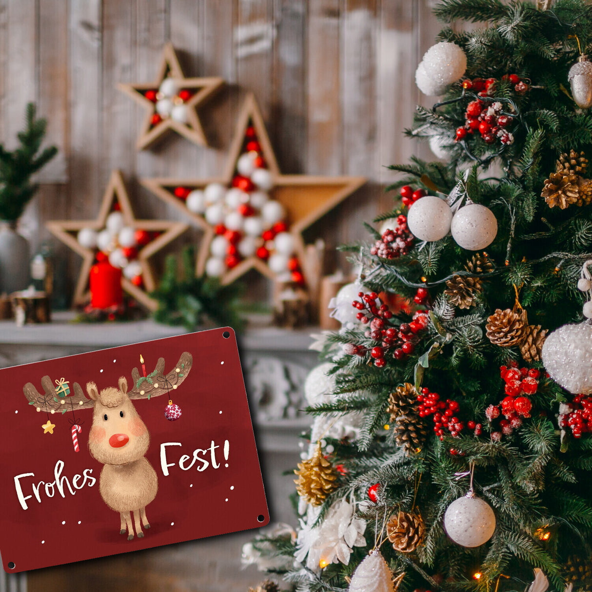 Rentier mit Weihnachtsschmuck Metallschild in 15x20 cm mit Spruch Frohes Fest