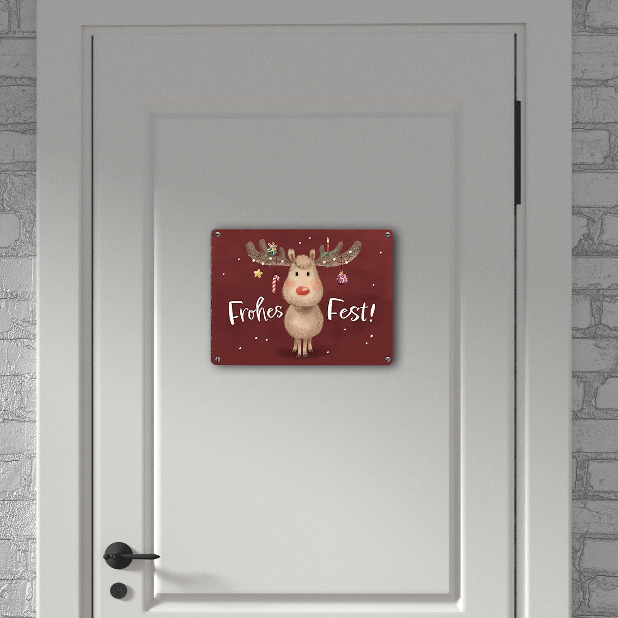 Rentier mit Weihnachtsschmuck Metallschild in 15x20 cm mit Spruch Frohes Fest