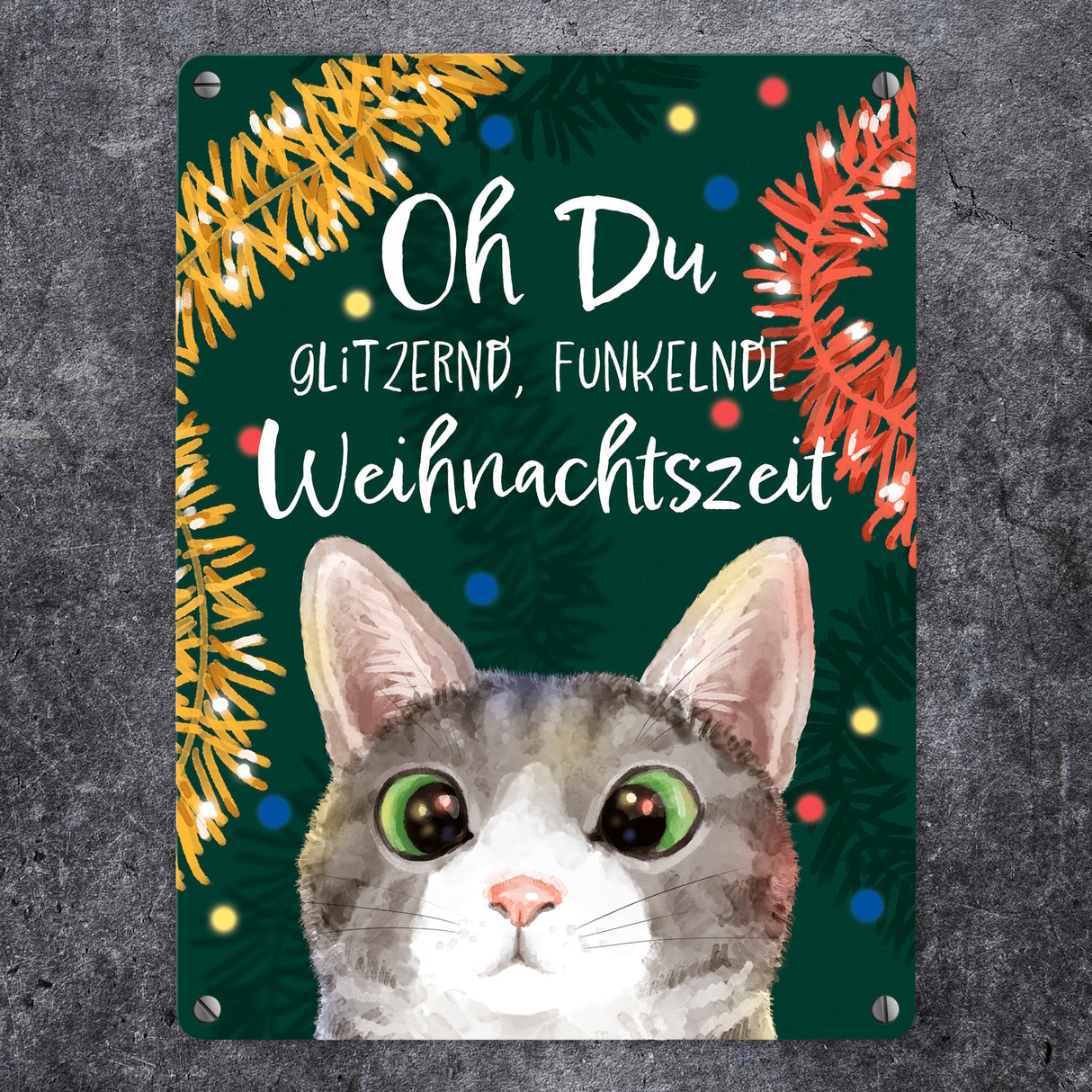 Oh Du glitzernd funkelnde Weihnachtszeit Katze Metallschild in 15x20 cm