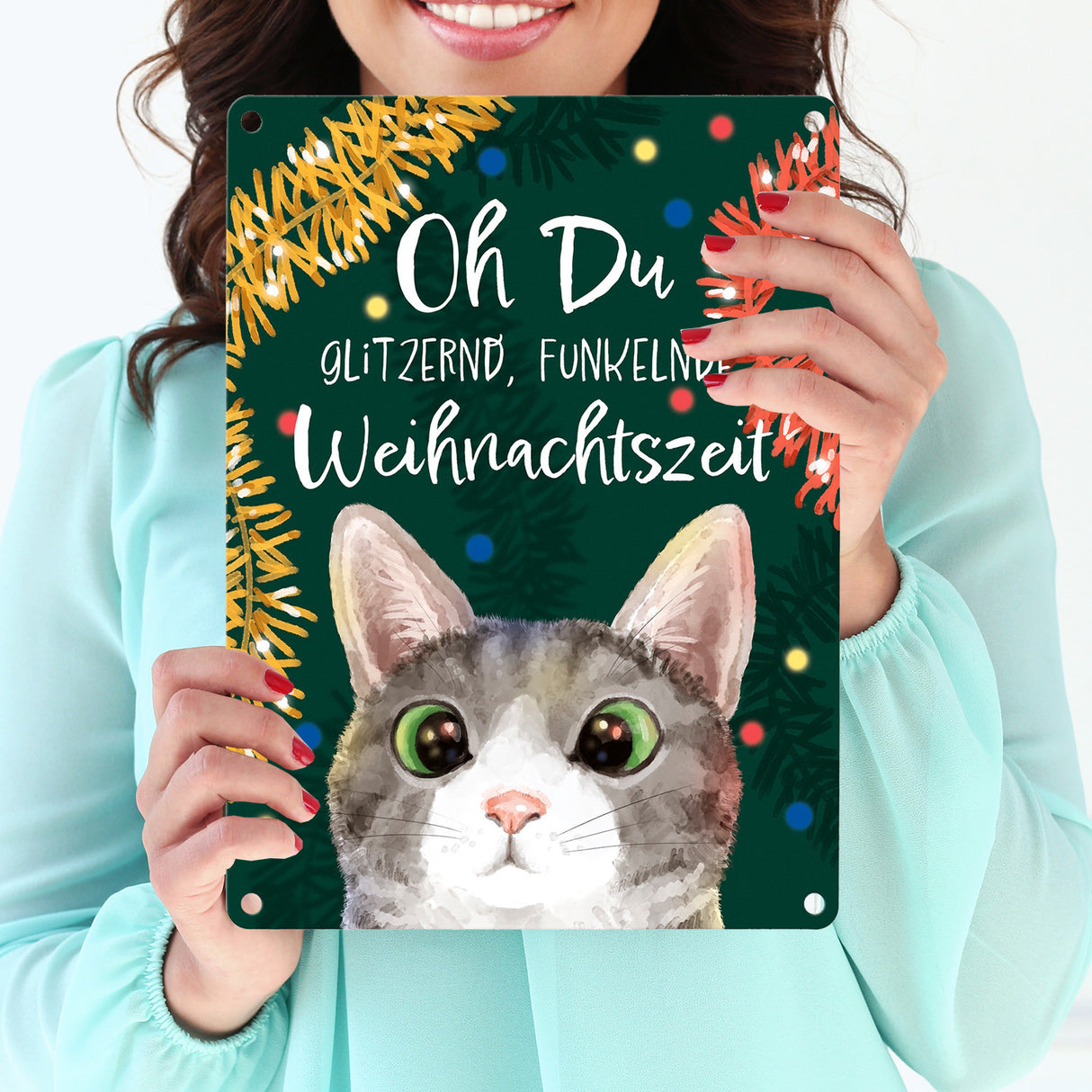 Oh Du glitzernd funkelnde Weihnachtszeit Katze Metallschild in 15x20 cm