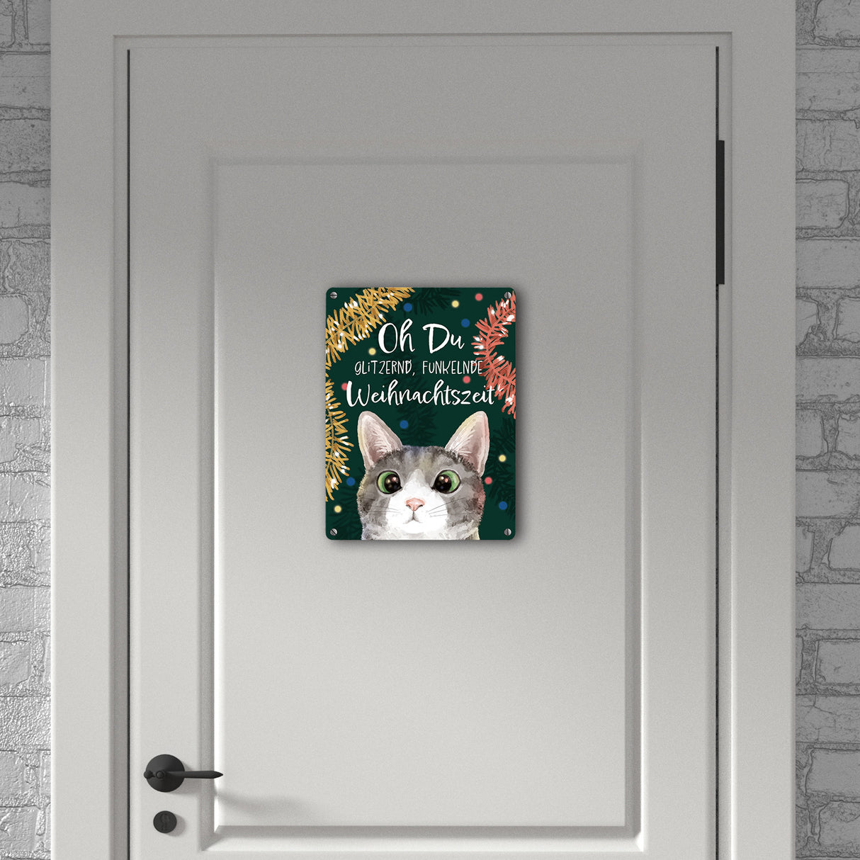 Oh Du glitzernd funkelnde Weihnachtszeit Katze Metallschild in 15x20 cm