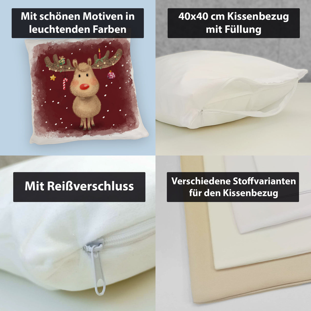 Rentier mit Weihnachtsschmuck Kissen mit rotem Hintergrund