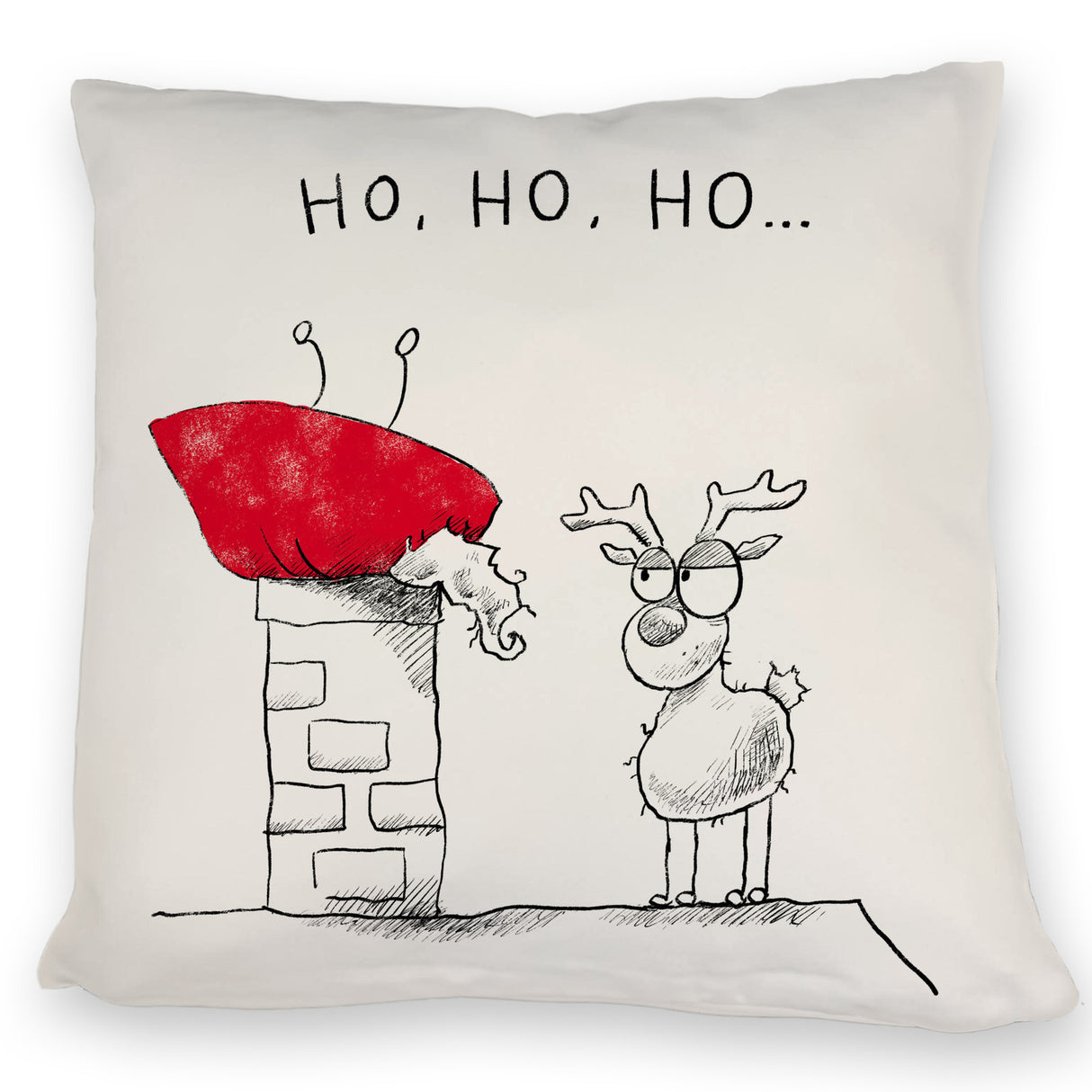 Weihnachtsmann im Kamin Kissen mit Spruch HO HO HO