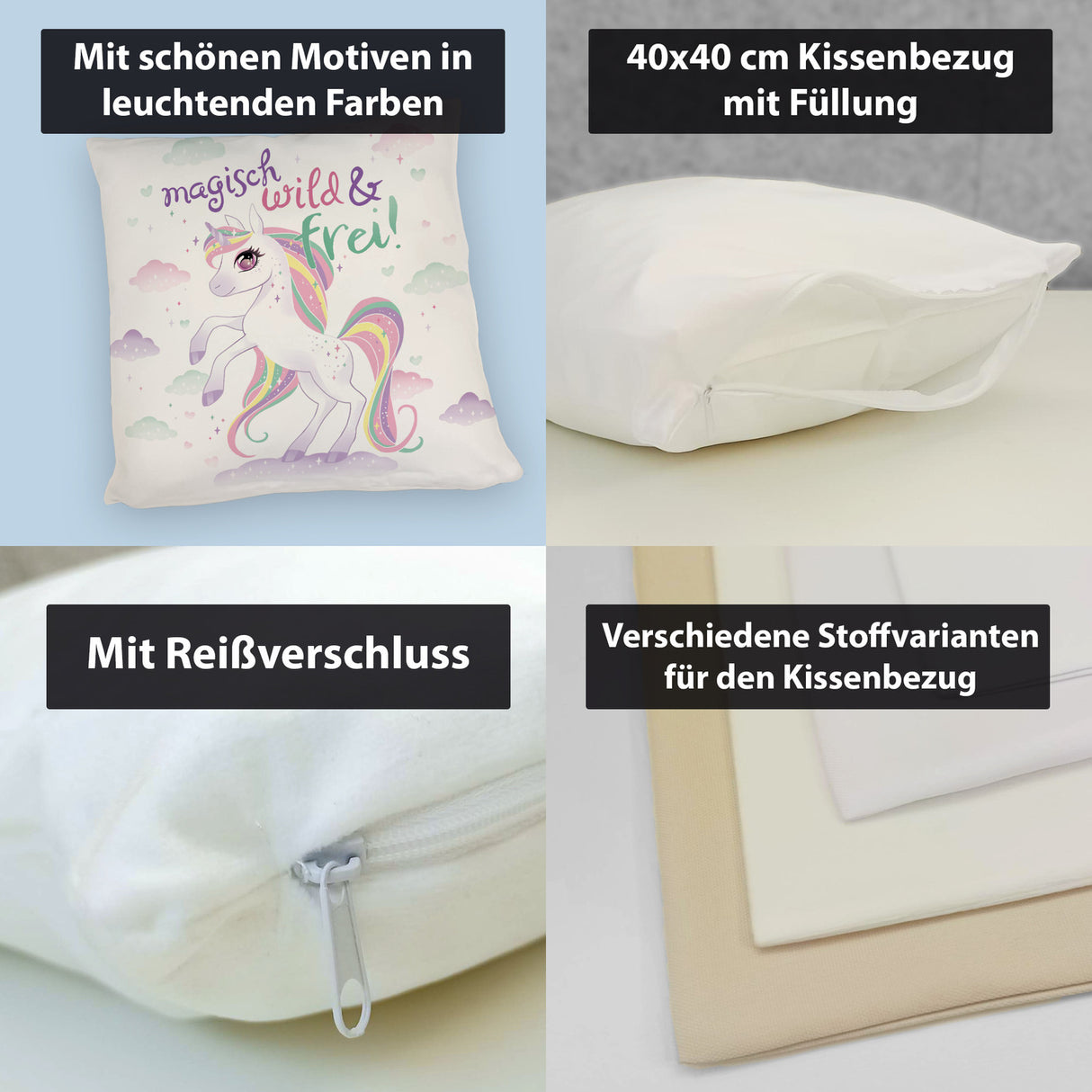 Einhorn Kissen mit Spruch Magisch wild und frei