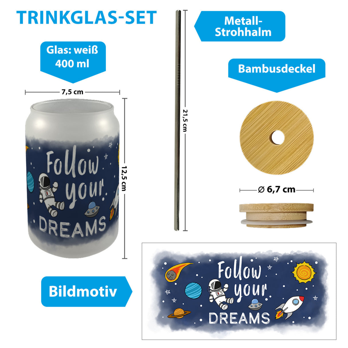 Kleiner Astronaut im Weltraum Trinkglas mit Bambusdeckel mit Spruch Follow your dreams