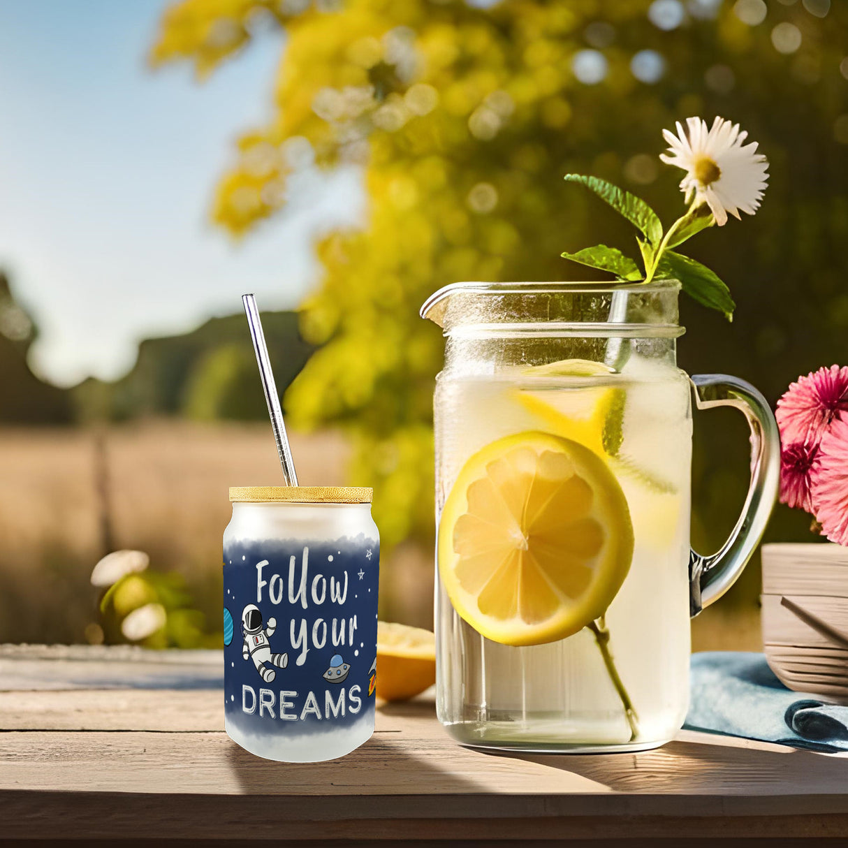 Kleiner Astronaut im Weltraum Trinkglas mit Bambusdeckel mit Spruch Follow your dreams