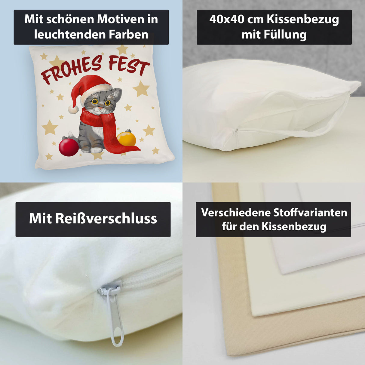 Katze mit Mütze Kissen mit Spruch Frohes Fest
