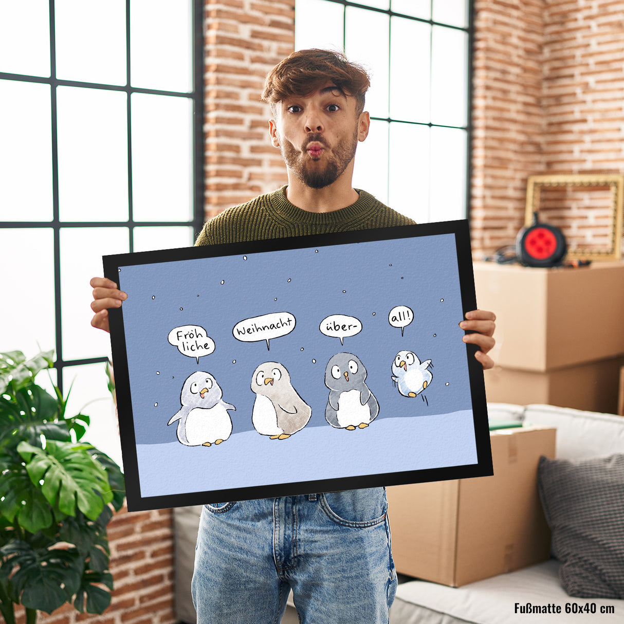 Pinguin Familie Fußmatte in 35x50 cm mit Spruch Fröhliche Weihnacht überall
