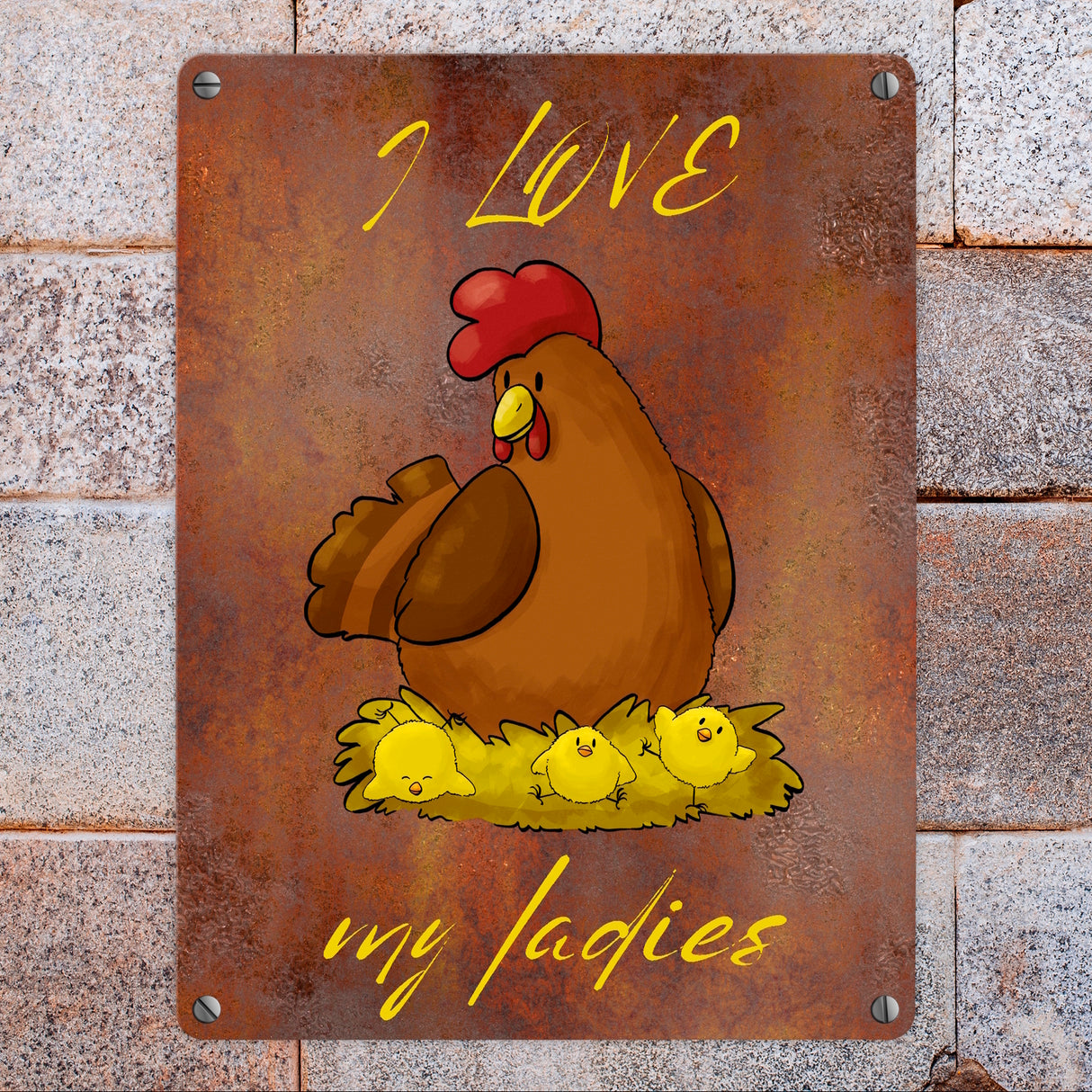 I love my ladies Huhn Metallschild in 15x20 cm mit Spruch