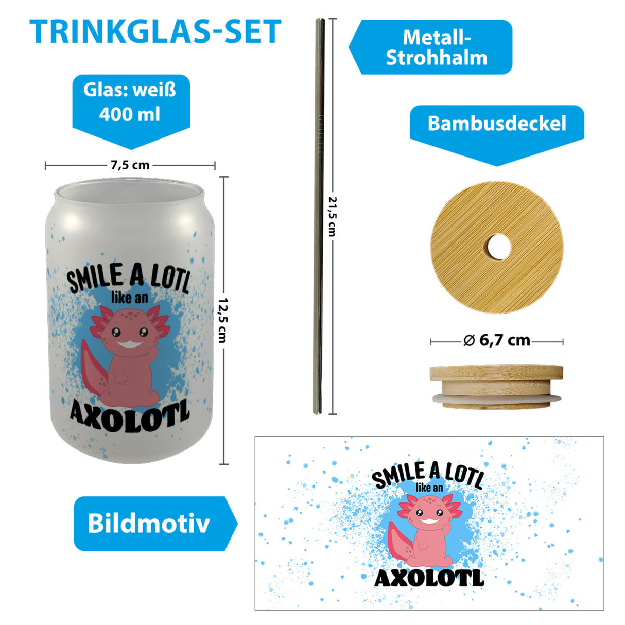 Axolotl Trinkglas mit Bambusdeckel mit Spruch Smile a lotl like an Axolotl