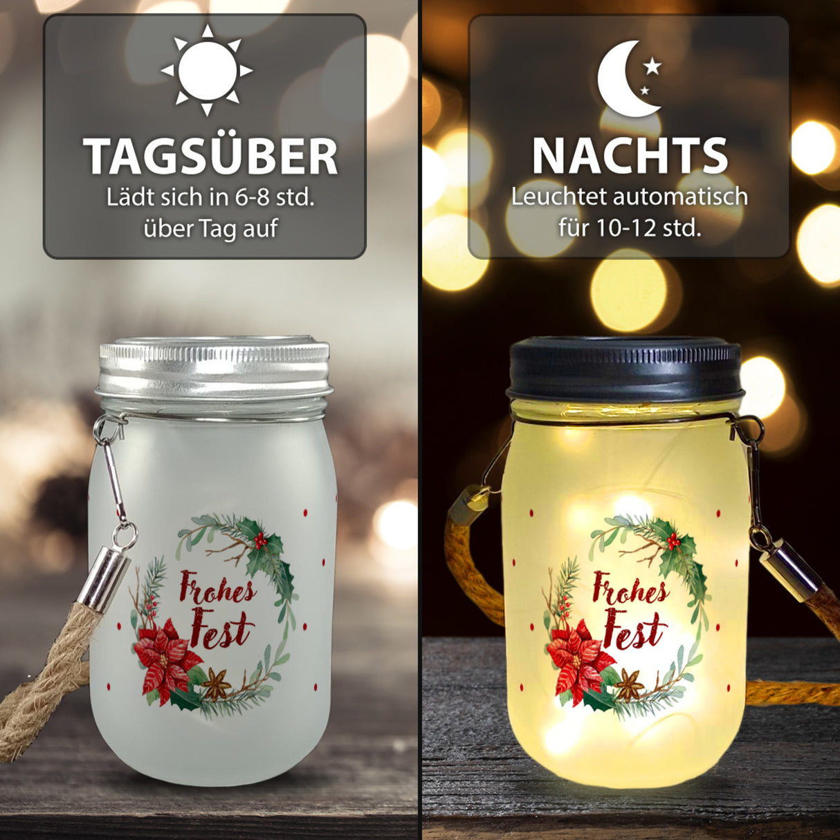 Weihnachtskranz Solarlicht mit Spruch Frohes Fest
