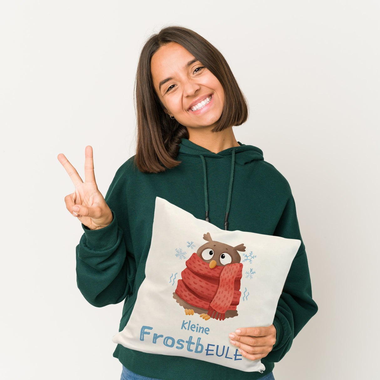 Kleine Frostbeule Kissen mit Spruch niedlicher Eule