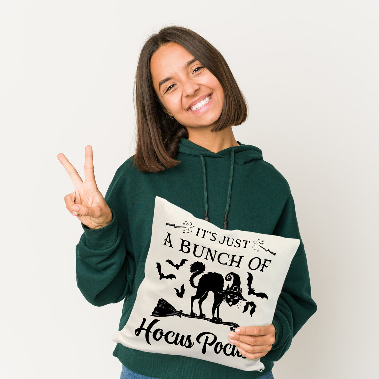 Schwarze Katze Halloween Kissen mit Spruch A Bunch of Hocus Pocus