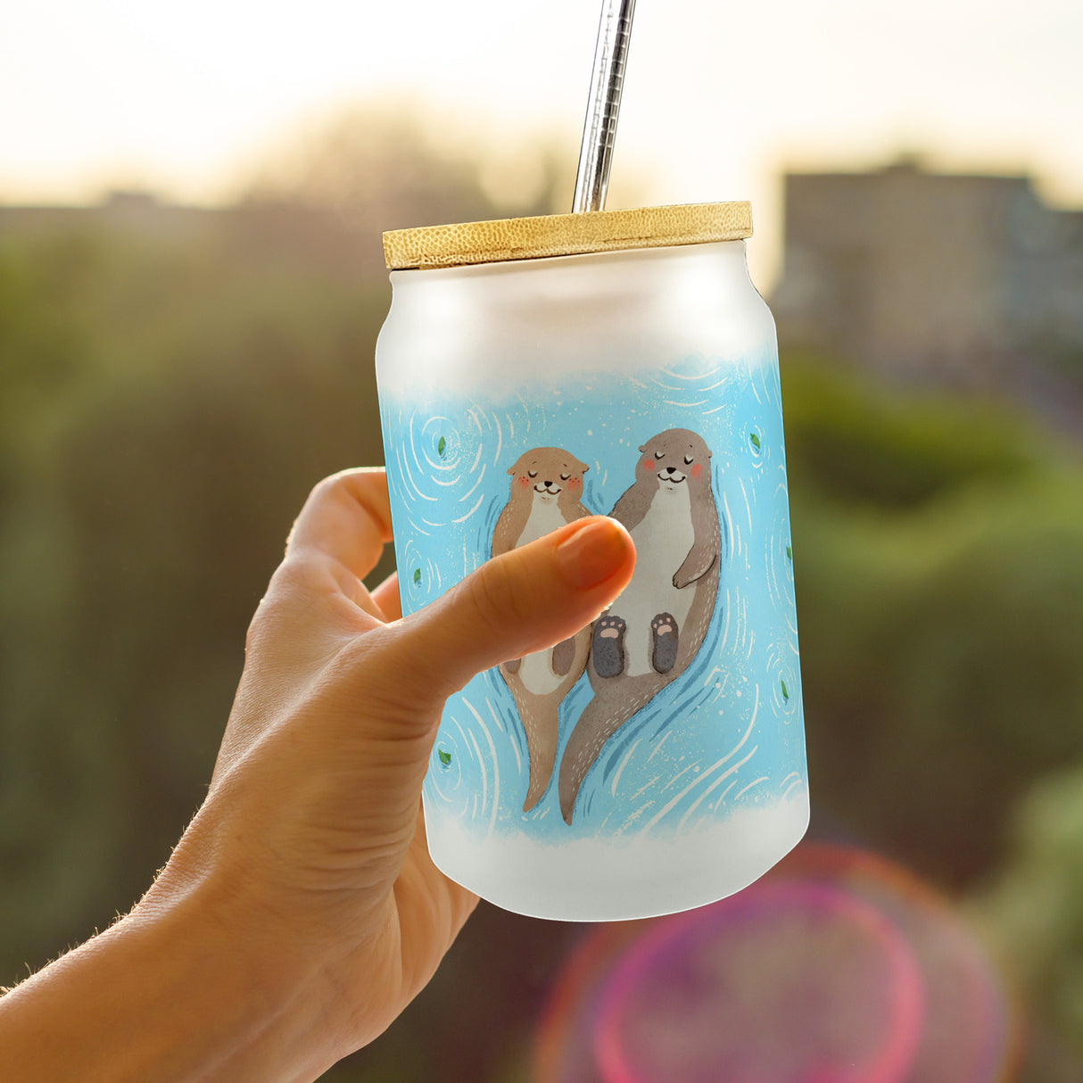 Otter Paar Trinkglas mit Bambusdeckel im Aquarell-Stil