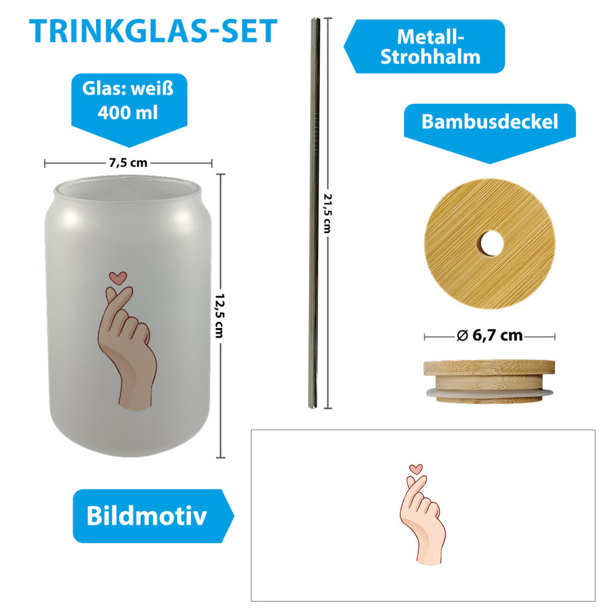 K-Pop Trinkglas mit Bambusdeckel in Farbe mit Herzsymbol