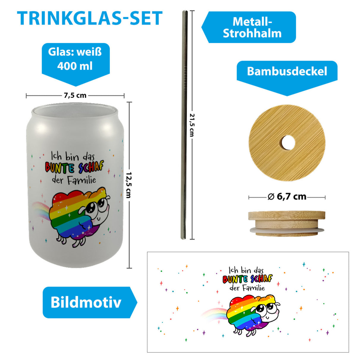 Das bunte Schaf der Familie in Pride-Farben Trinkglas mit Bambusdeckel mit Spruch