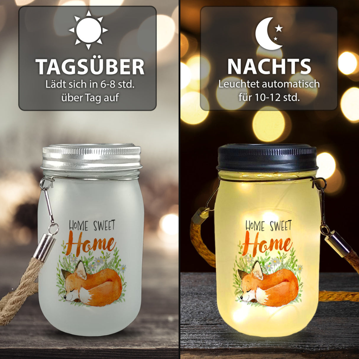 Fuchs im Aquarell-Stil Solarlicht mit Spruch Home Sweet Home