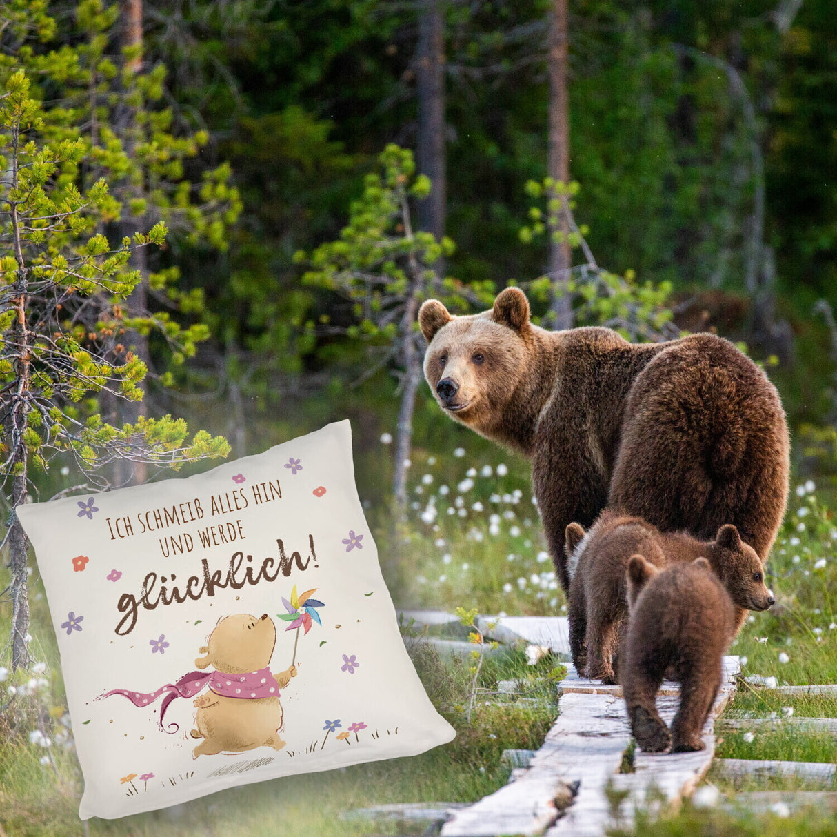 Glücklicher Bär Kissen mit Spruch Ich schmeiß alles hin
