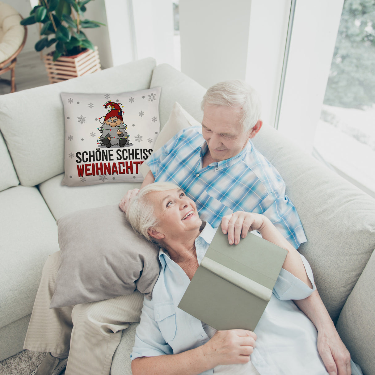 Grimmiger Wichtel Kissen mit Spruch Schöne scheiß Weihnachten