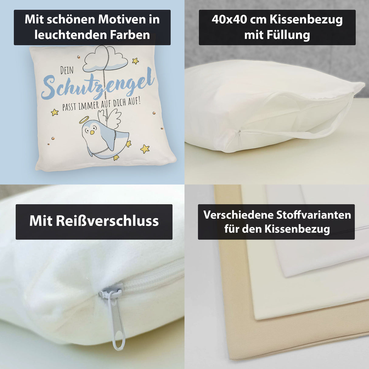 Schutzengel-Pinguin Kissen mit Spruch passe immer auf dich auf