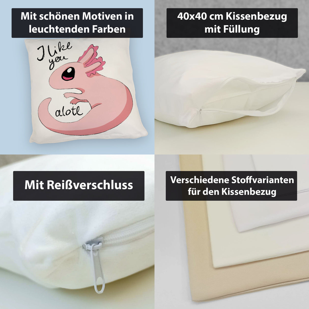 Axolotl Kissen in rosa mit Spruch I like you alotl