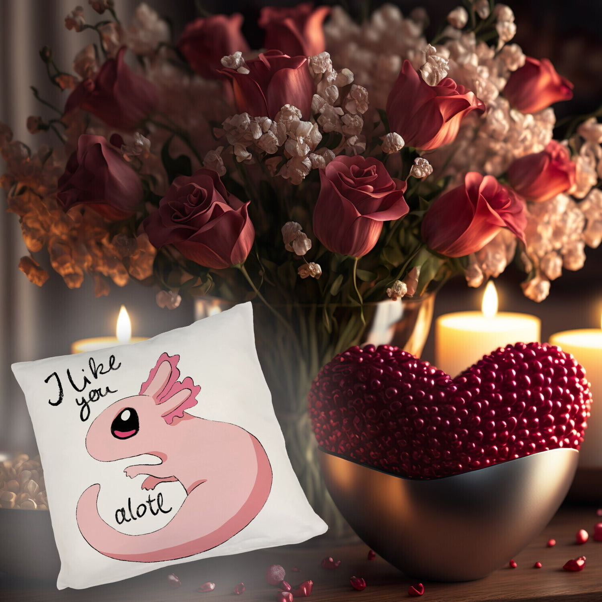 Axolotl Kissen in rosa mit Spruch I like you alotl