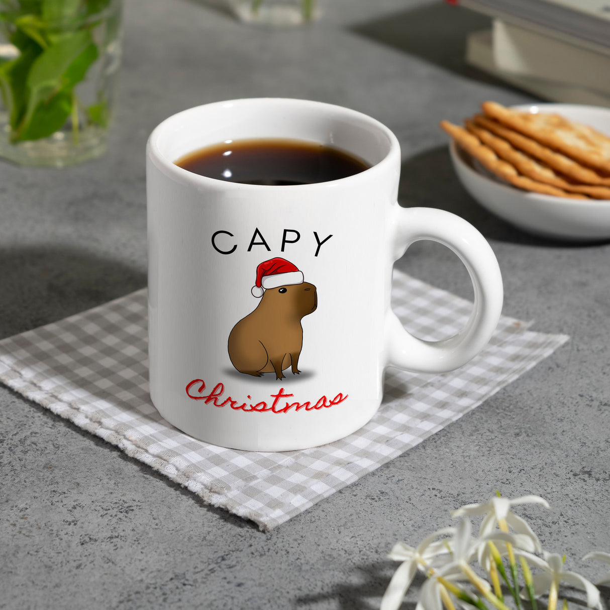 Weihnachts-Capybara Kaffeebecher mit Spruch Capy Christmas