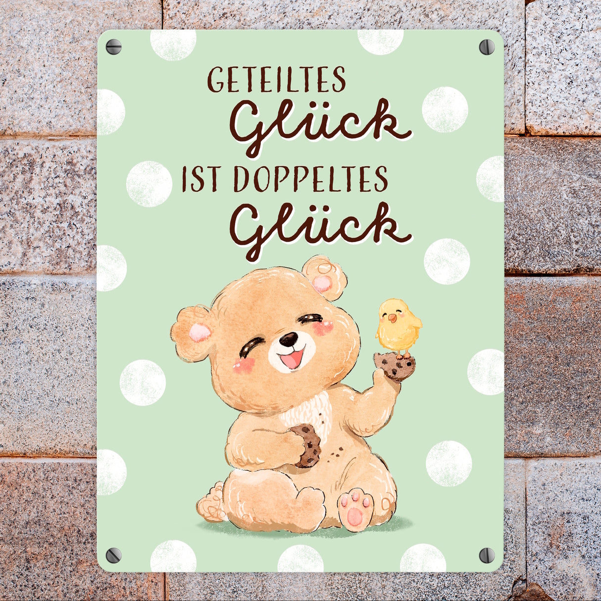 Bär Metallschild in 15x20 cm mit Spruch Geteiltes Glück ist doppeltes Glück