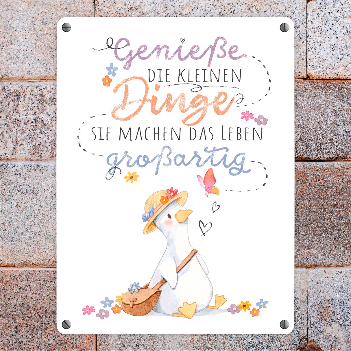 Gans Metallschild in 15x20 cm mit Spruch Kleine Dinge machen Leben großartig