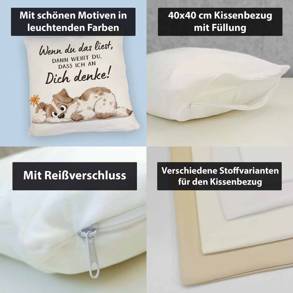 Hund Kissen mit Spruch Ich denke an dich
