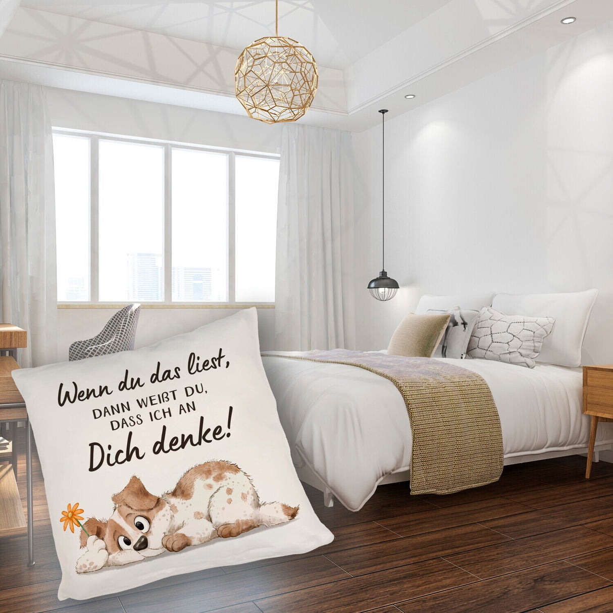 Hund Kissen mit Spruch Ich denke an dich