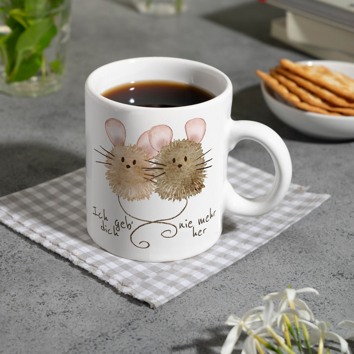 Mäuse Kaffeebecher mit Spruch Ich geb‘ dich nie mehr her