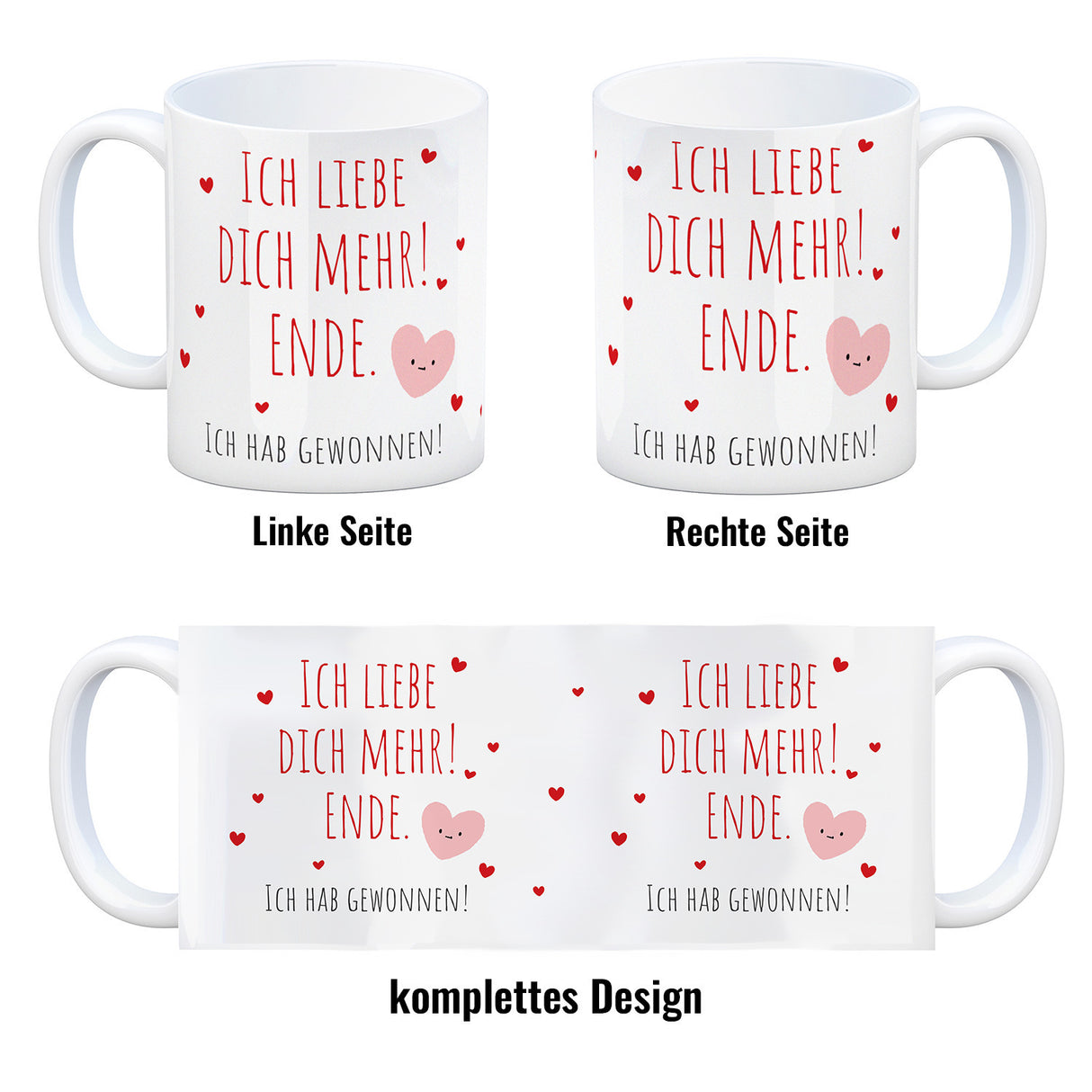 Herzen Kaffeebecher mit Spruch Ich liebe dich mehr! Ende.