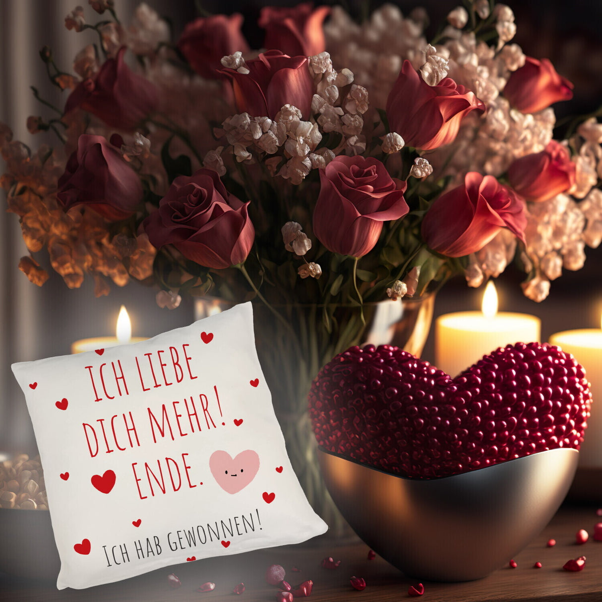 Herzen Kissen mit Spruch Ich liebe dich mehr! Ende.