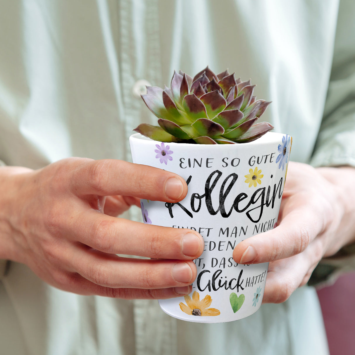 Blüten und Blätter Blumentopf mit Spruch Glück gehabt mit toller Kollegin