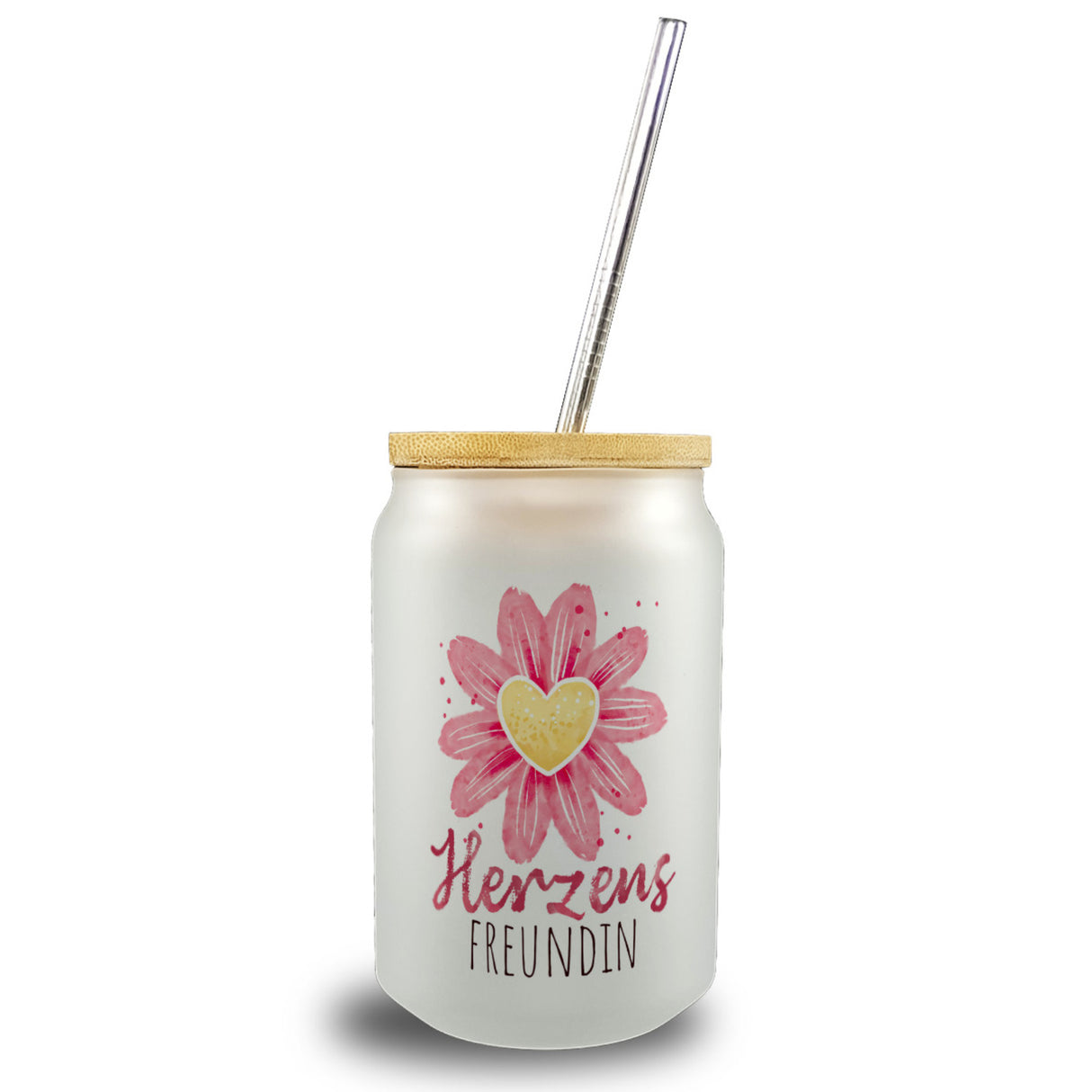 Blume Trinkglas mit Bambusdeckel mit Spruch Herzensfreundin