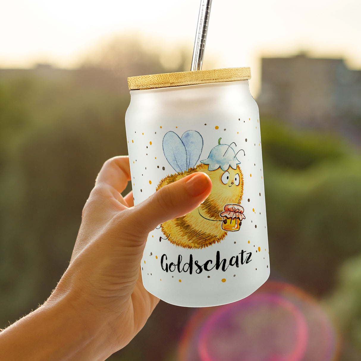 Pummel Biene Trinkglas mit Bambusdeckel mit Spruch Goldschatz