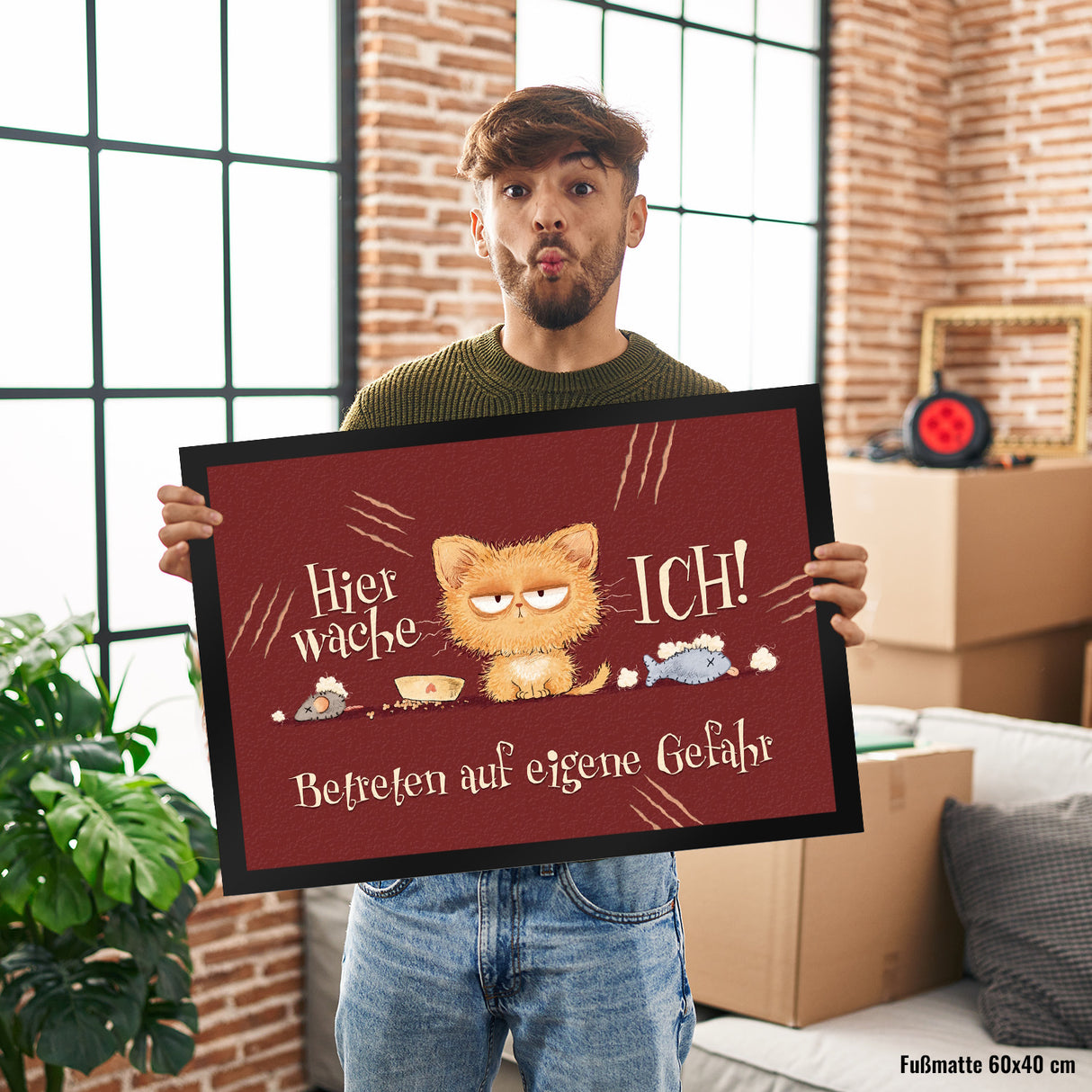 Katze Fußmatte in 35x50 cm mit Spruch Hier wache ich Eigene Gefahr