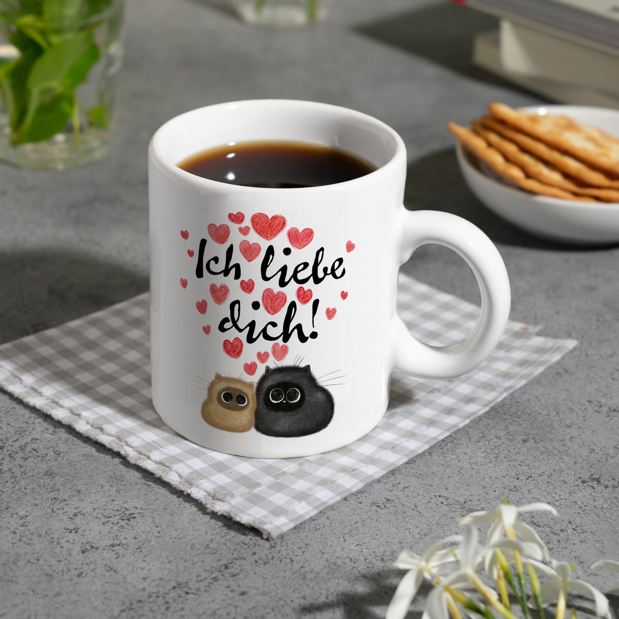 Knuffige Katzen Kaffeebecher mit Spruch Ich liebe dich