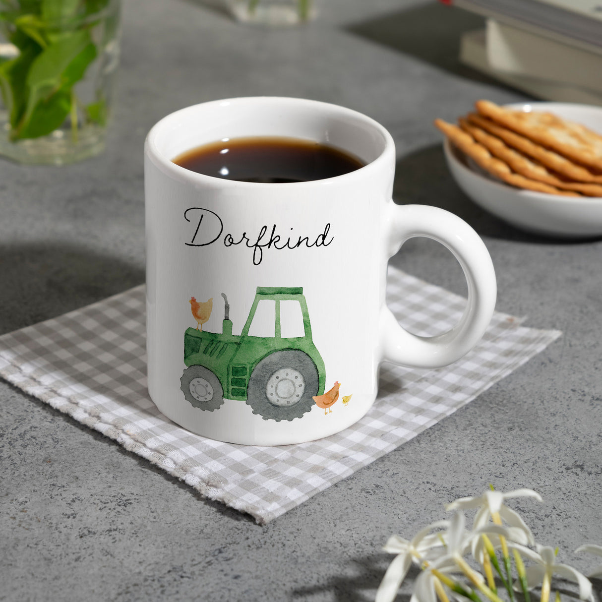 Dorfkind grüner Traktor Kaffeebecher