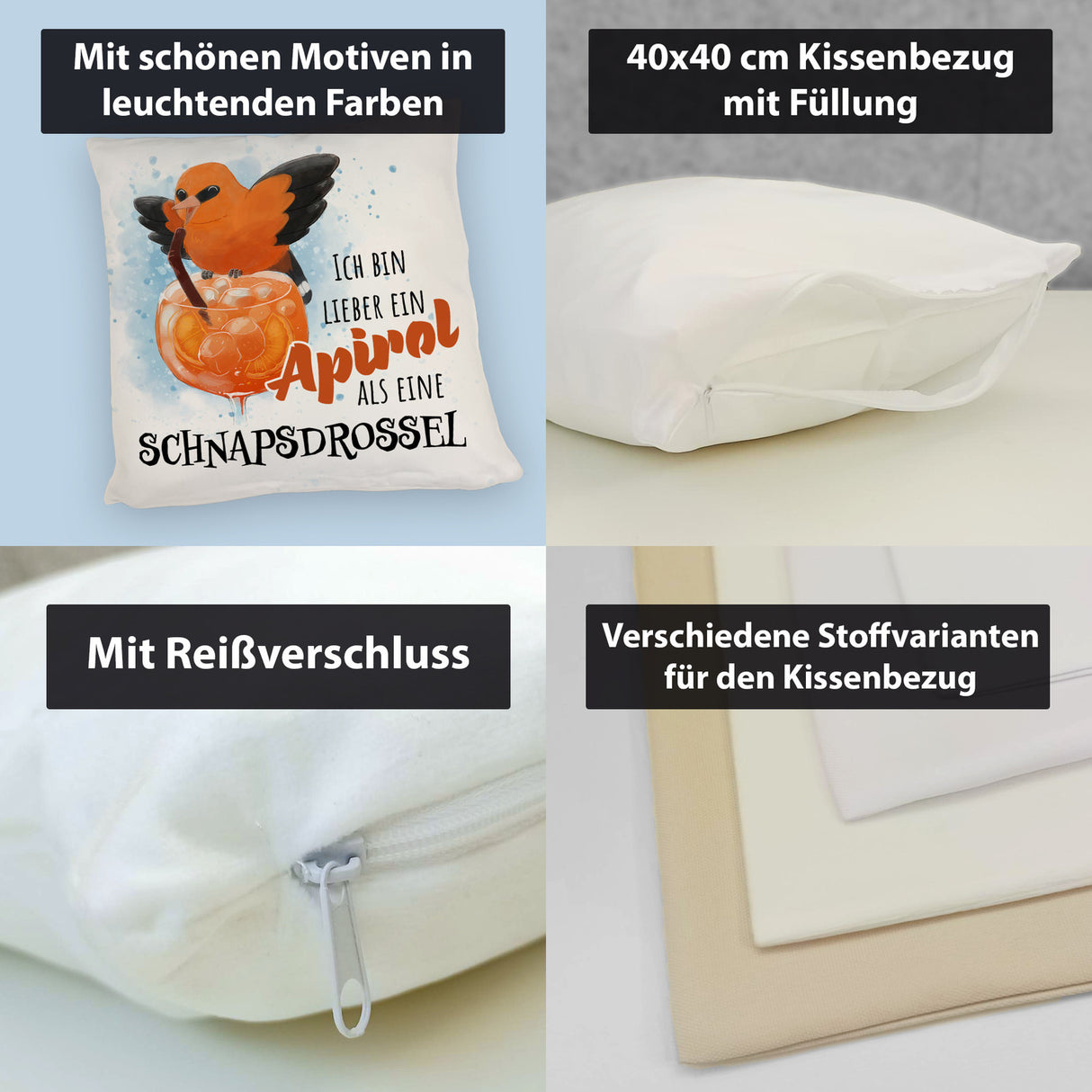 Cocktail Vogel Pirol Kissen mit Spruch Lieber Apirol als Schnapsdrossel