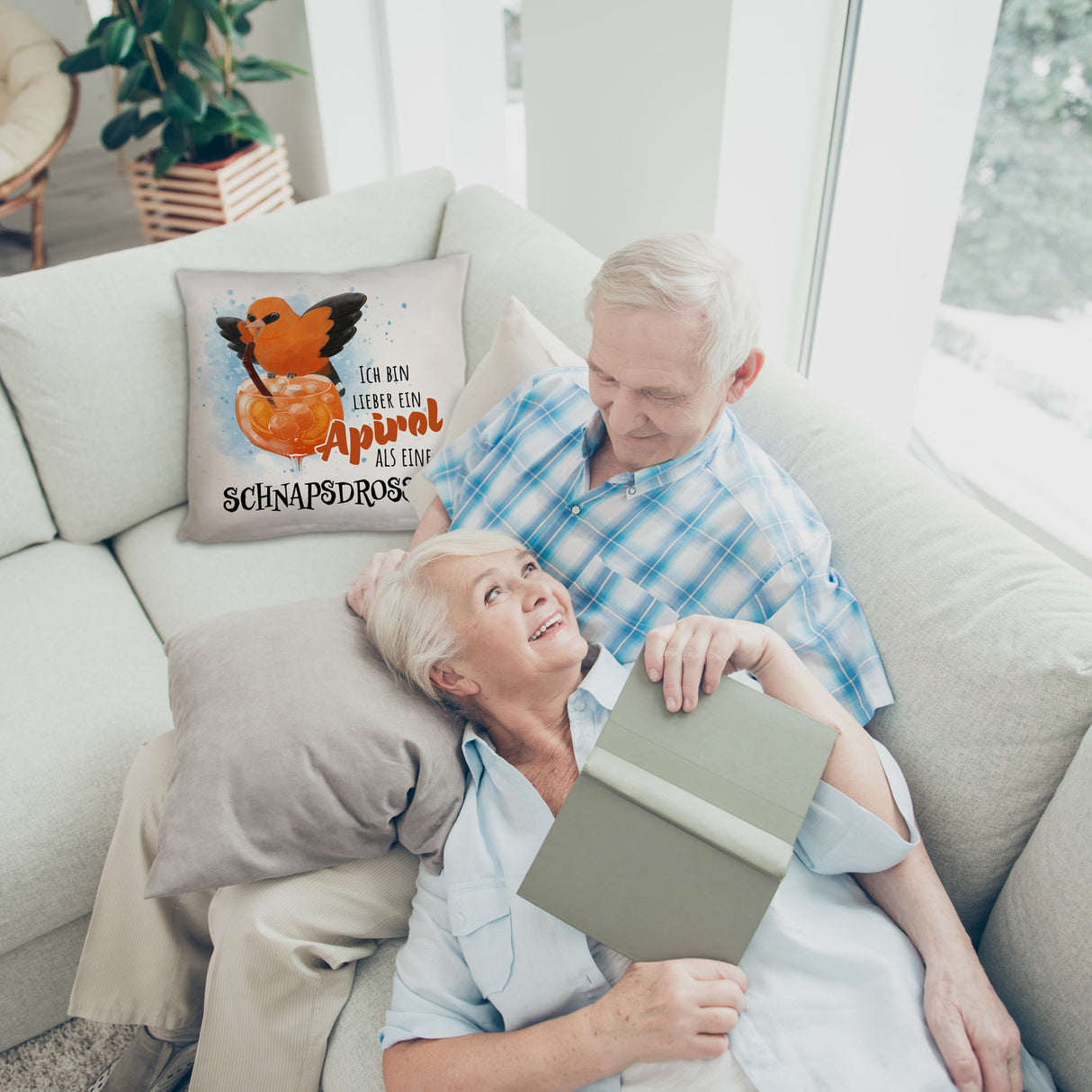 Cocktail Vogel Pirol Kissen mit Spruch Lieber Apirol als Schnapsdrossel
