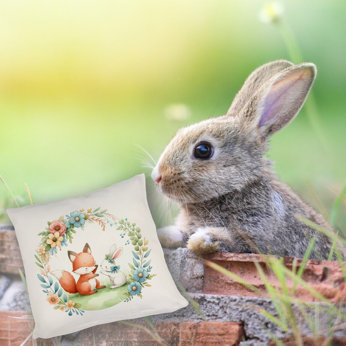Fuchs und Hase mit Blumenkranz Kissen