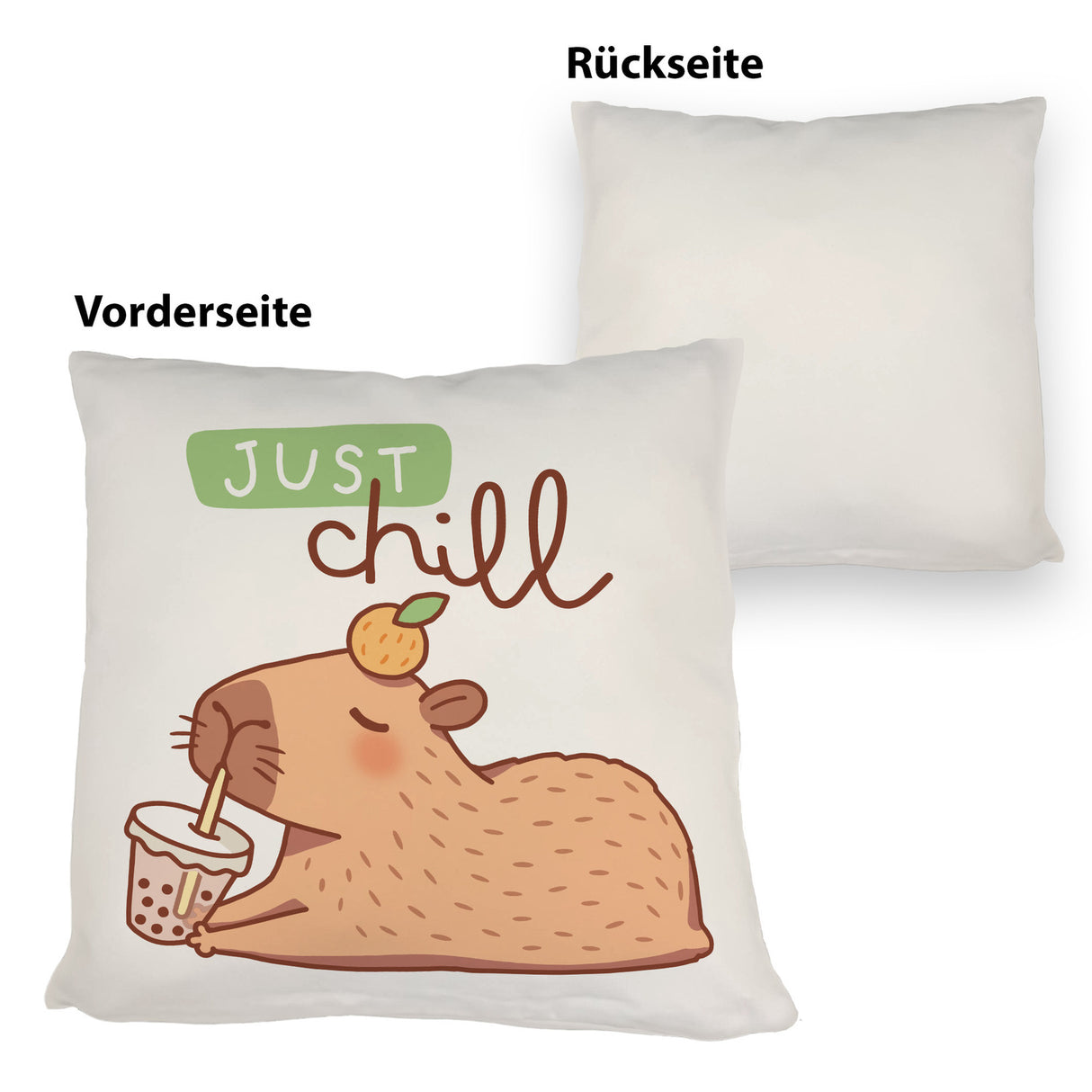 Capybara mit Bubble Tea Kissen mit Spruch Just Chill