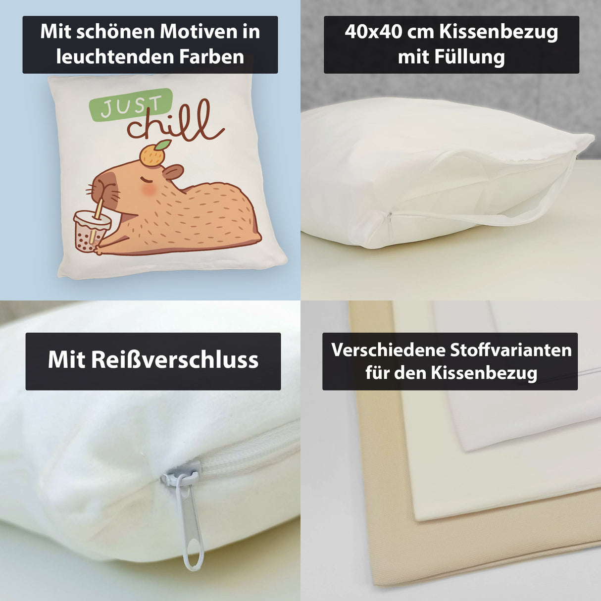 Capybara mit Bubble Tea Kissen mit Spruch Just Chill