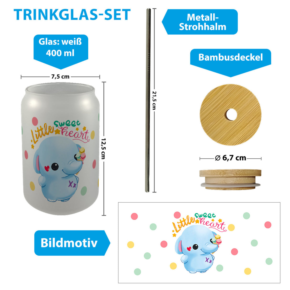 Elefant Trinkglas mit Bambusdeckel mit Spruch Little sweetheart