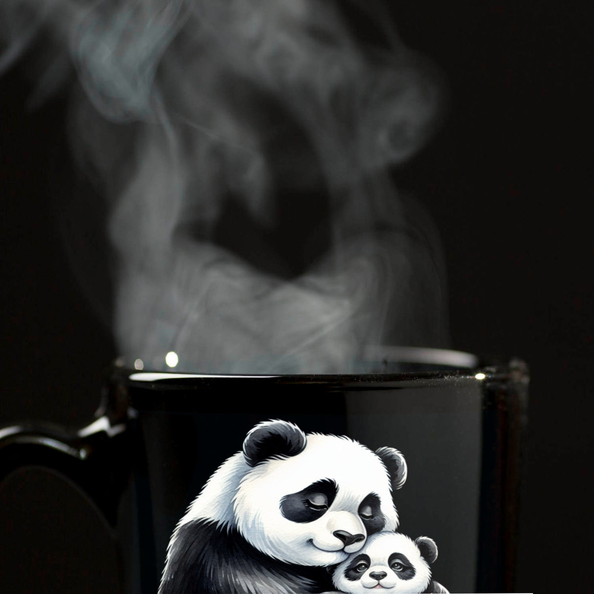 Pandabär Mama mit kleinem Panda Baby Tasse schwarz in Schwarz