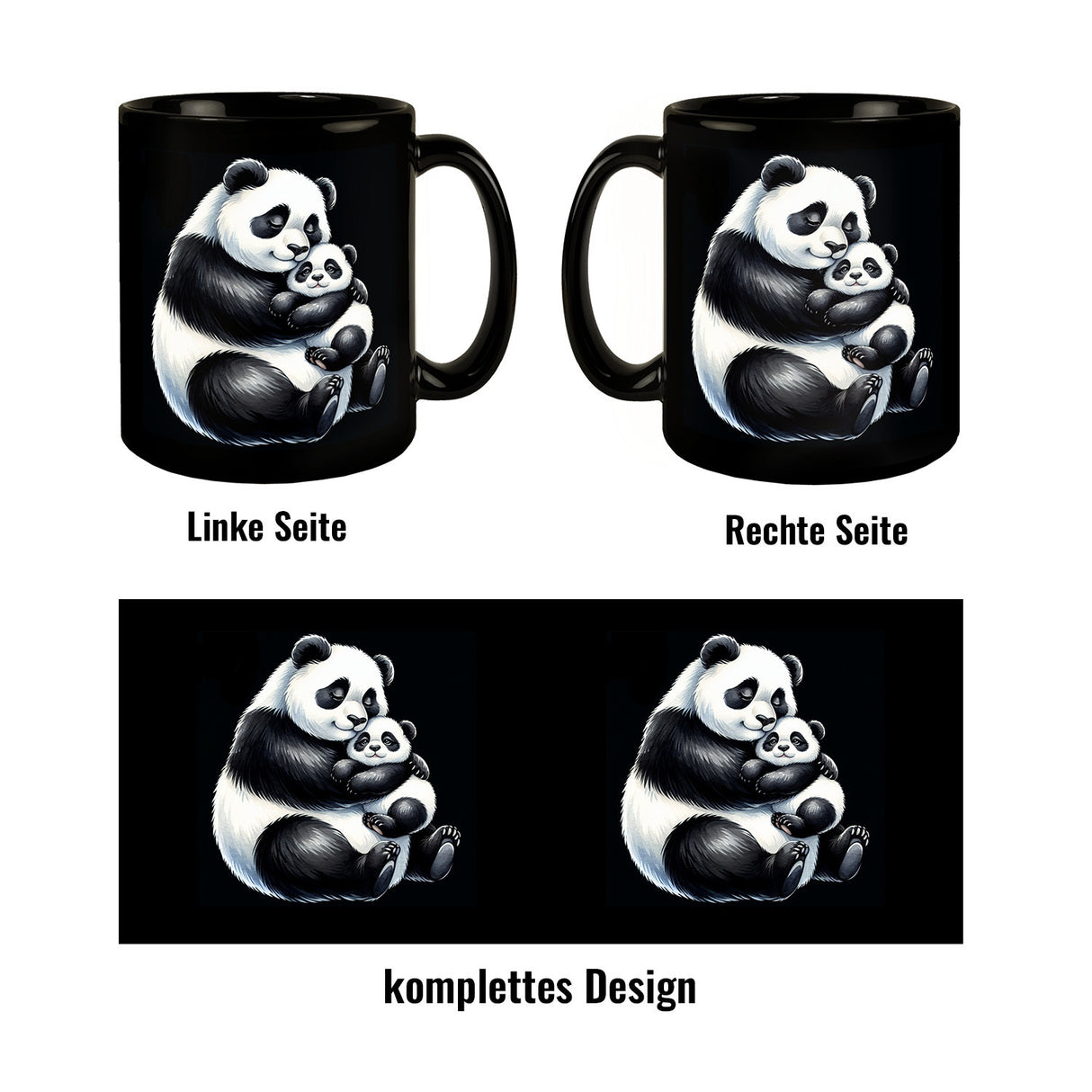 Pandabär Mama mit kleinem Panda Baby Tasse schwarz in Schwarz